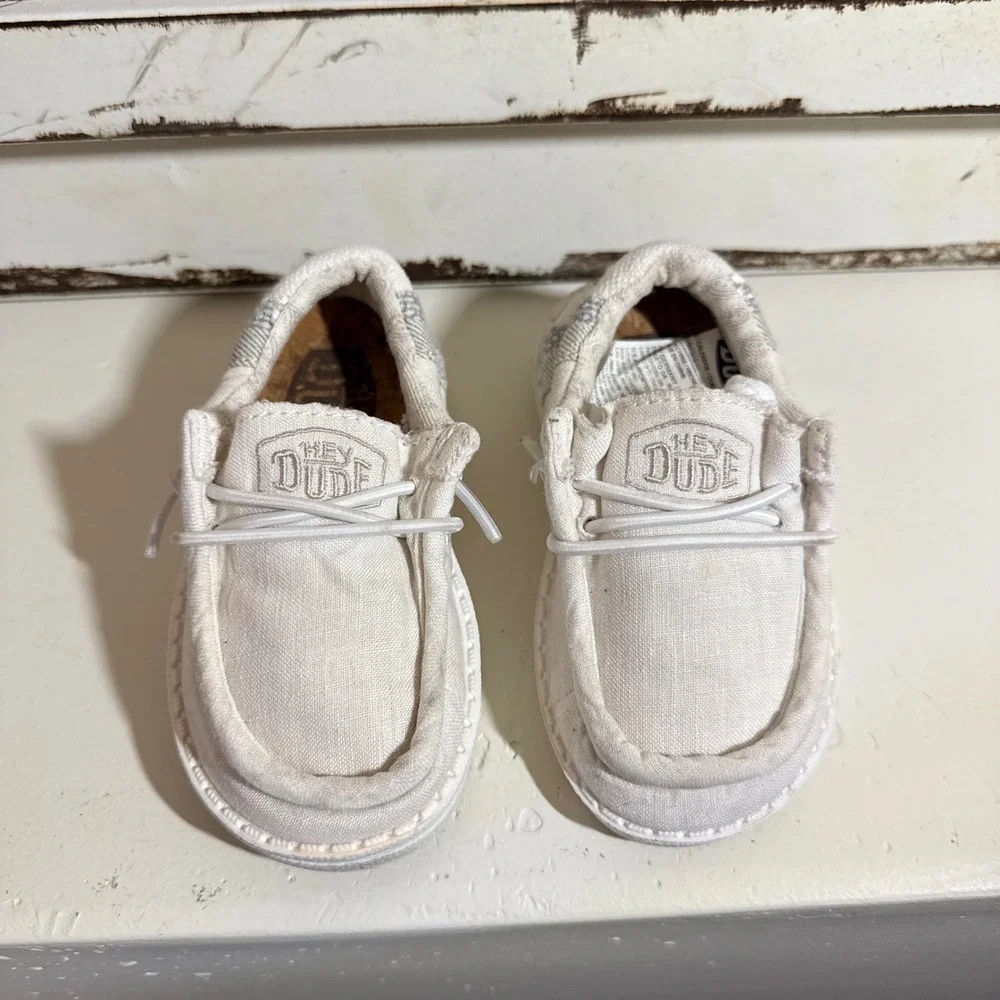 Hey Dude Shoes Wally Toddler Break Stitch White Canvas Slip On Loafers Size 6K